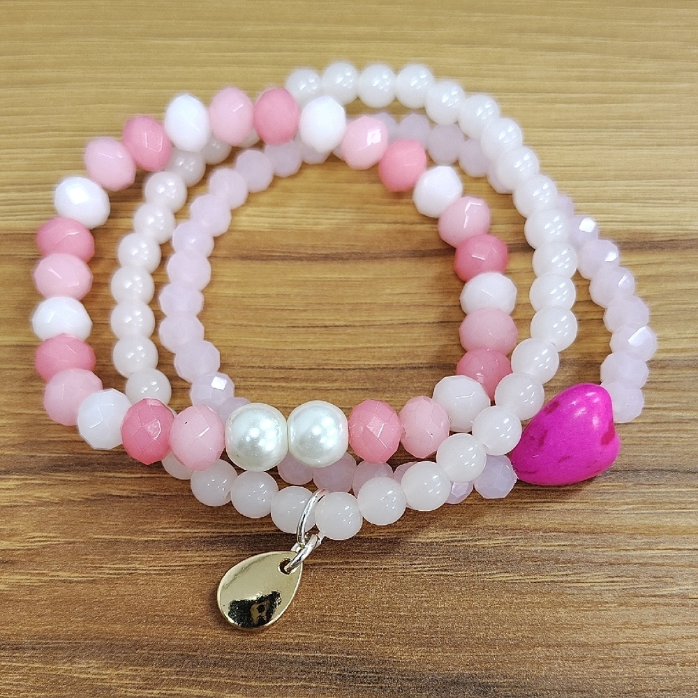 Ladies Stretchy Bracelets,  Set of Three,  Pink Ladies Stretchy Bracelets - Picture 3 of 5